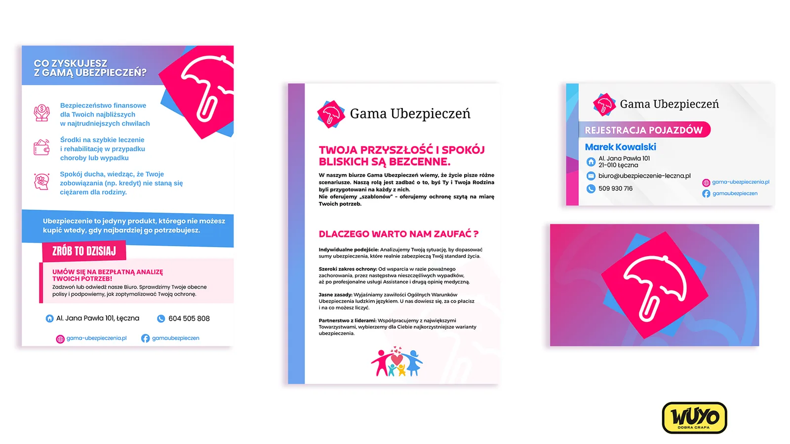 Materiały firmowe Gama Ubezpieczeń — ulotka, wizytówka i logo zaprojektowane przez WUYO Studio w Rzeszowie