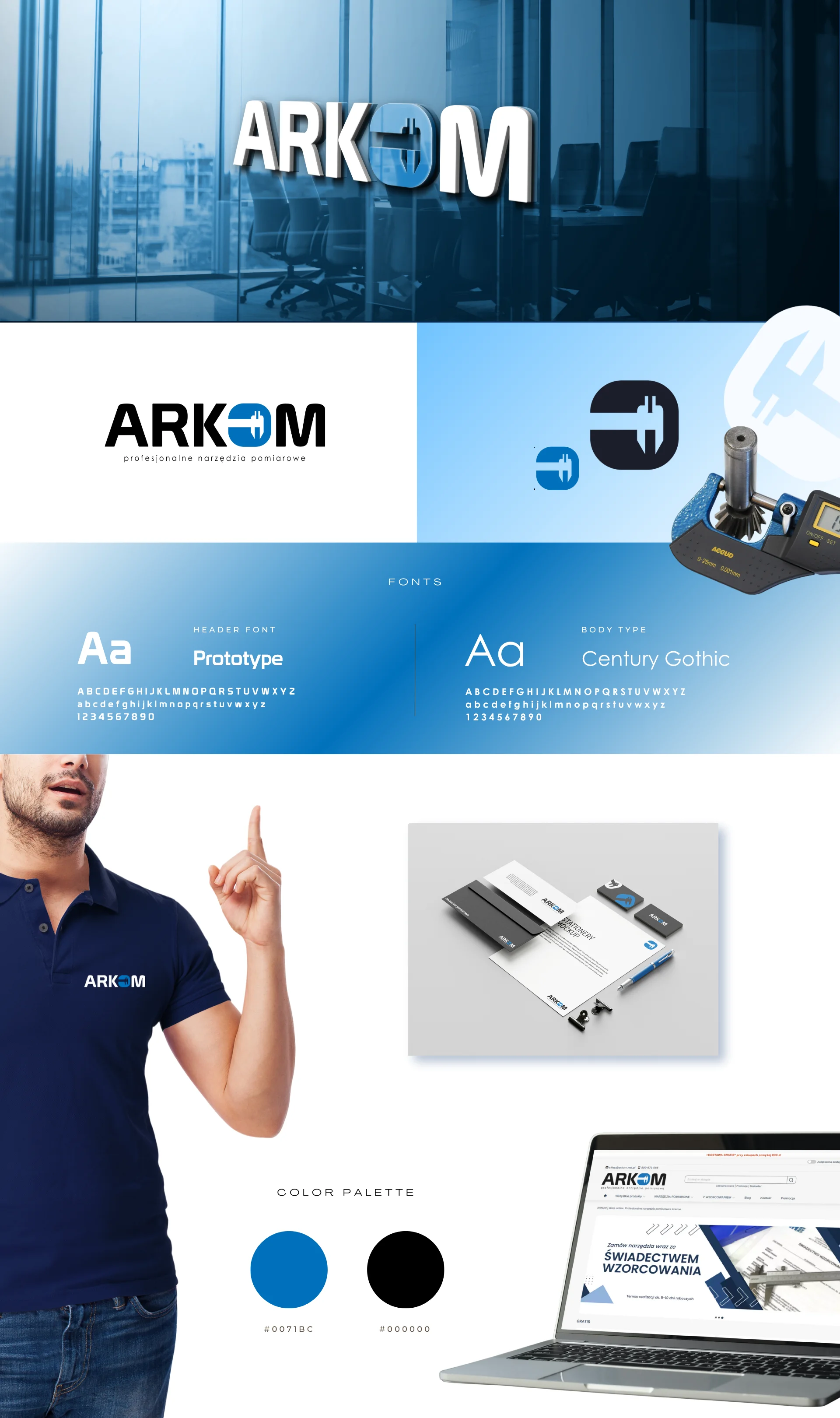 Prezentacja marki Arkom — logo, typografia, paleta kolorów i nośniki firmowe, projekt WUYO Studio